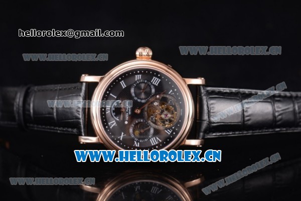 Patek Philippe Grand Complication Swiss Tourbillon Automatic Rose Gold Case with Black Dial Black Leather Strap and Roman Numeral Markers - Click Image to Close